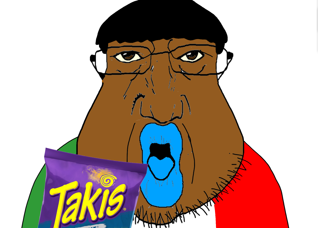 coinjak, slurpjak, broiler, punisher face, bald, blue lips, blue tongue, brown eyes, brown skin, clothes