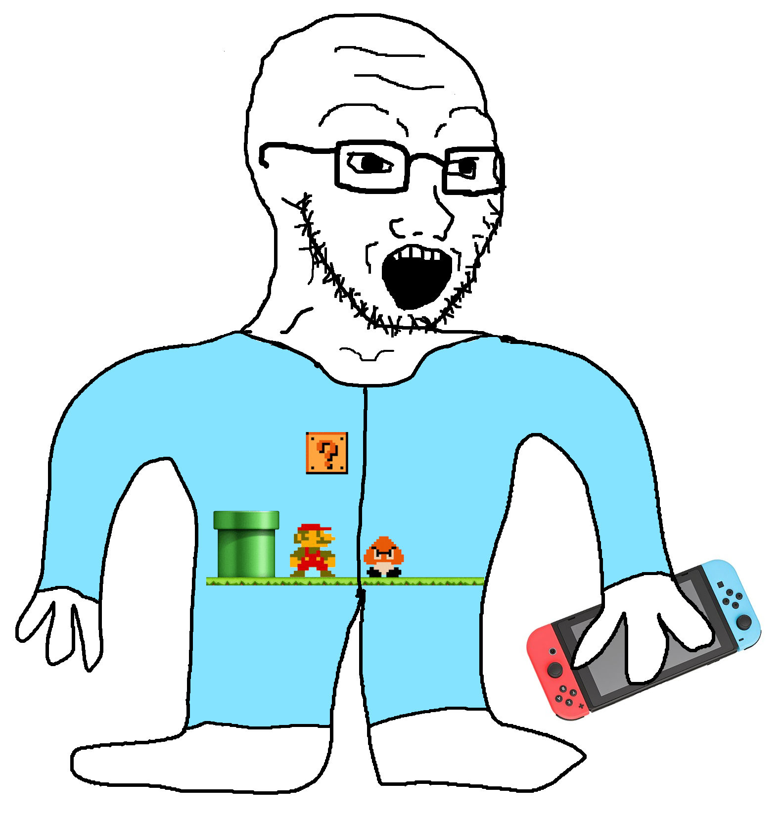 goomba, mario, soyak, bald, blue uniform, excited, forehead lines, full body, glasses, low effort