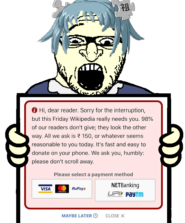 wikipe-tan, shabbos soy, glasses, hair, holding object, jewish nose, logo, mastercard, nose, open mouth
