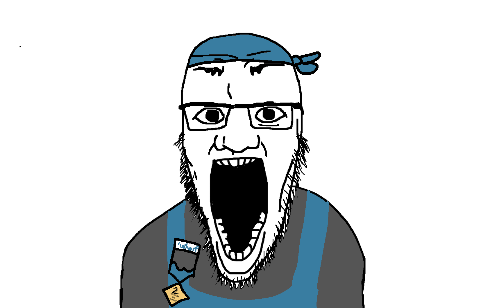 whartjak, nonexistent splinters, big nose, clothes, glasses, gray shirt, long jaw, medal, no ears, nose