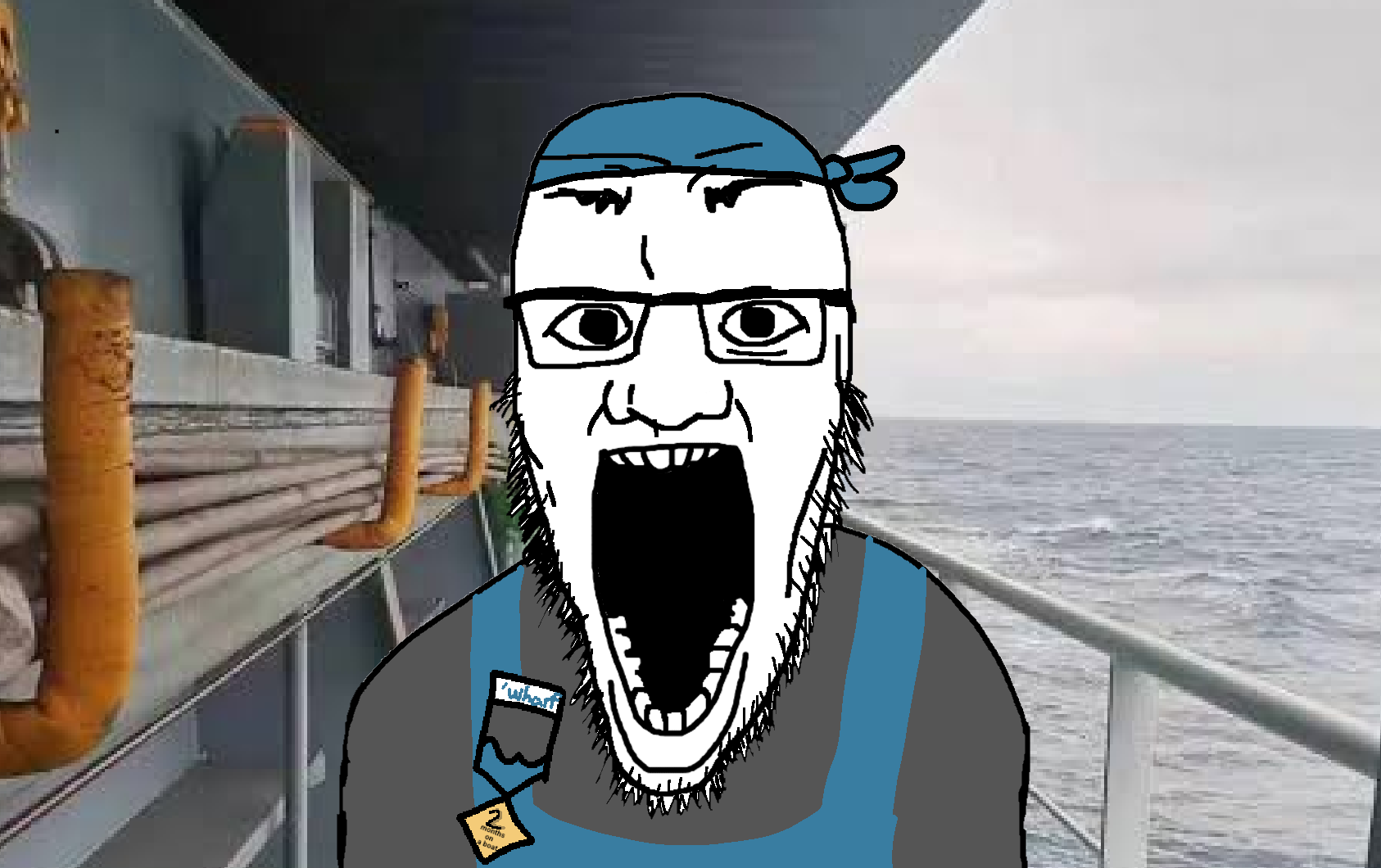 whartjak, nonexistent splinters, bandana, big nose, boat, clothes, cloud, glasses, gray shirt, irl background
