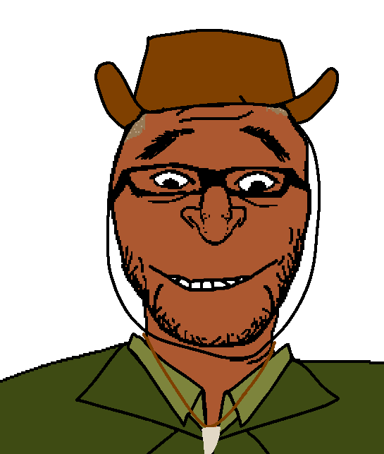 australian shitposter, shabbos soy, australia, blonde hair, brown skin, bruce, clothes, cowboy hat, glasses, green shirt