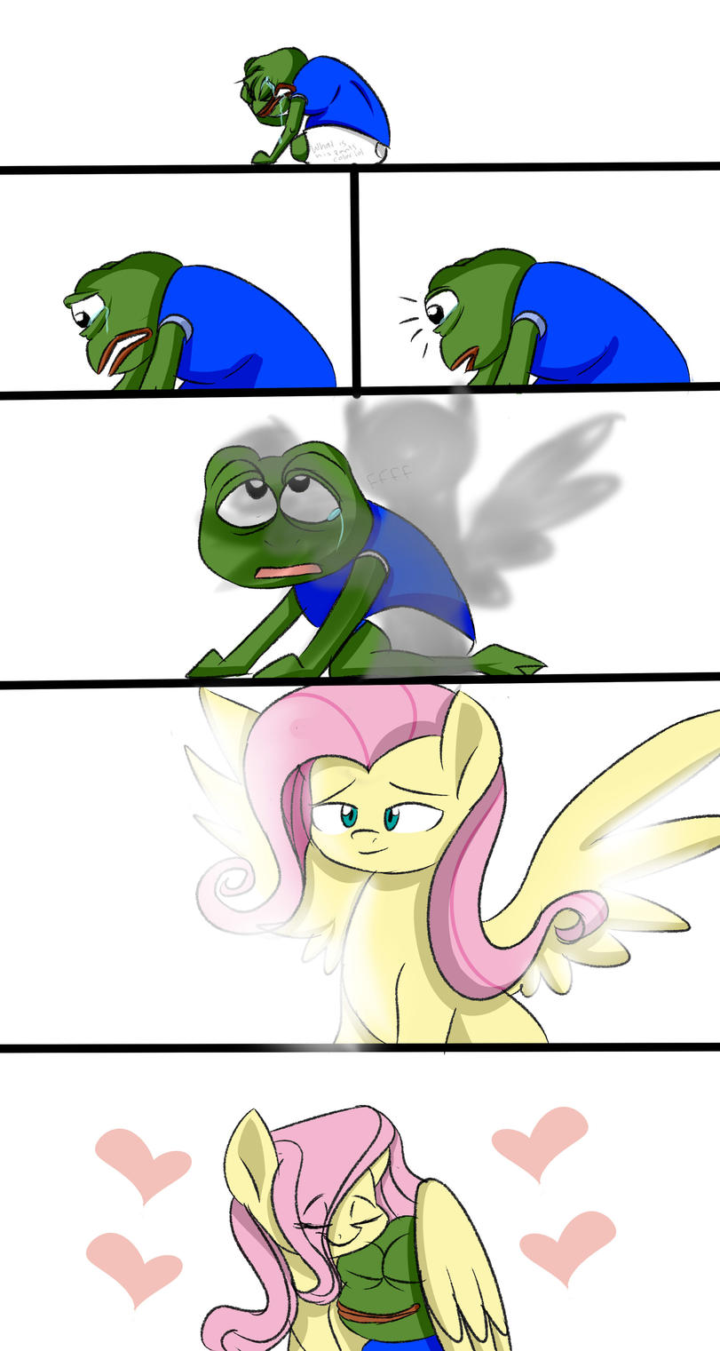 fluttershy, pepe, amphibian, animal, blue shirt, comic, crying, frog, hair, heart
