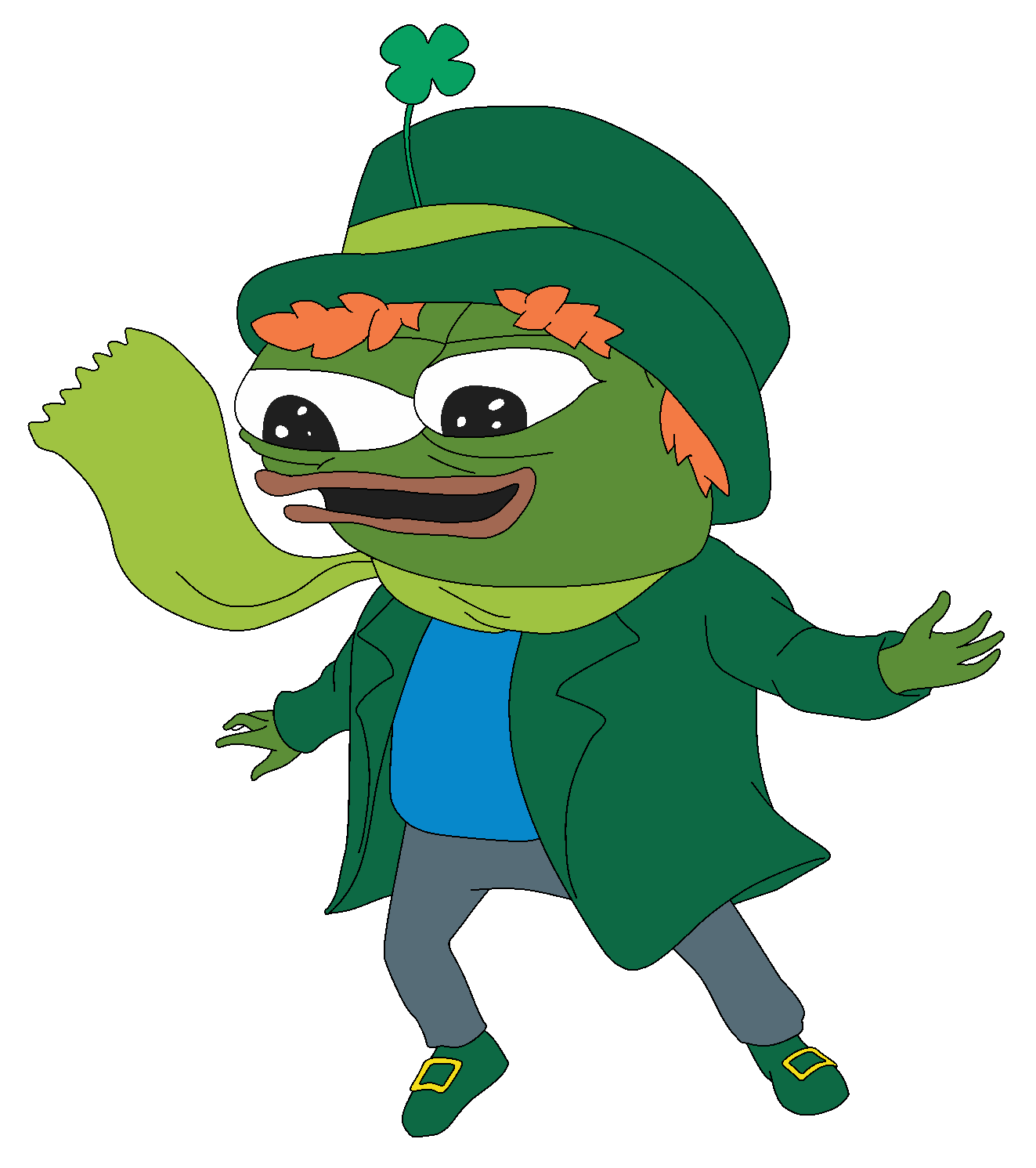 apu, pepe, amphibian, animal, blue shirt, clogs, clothes, clover, frog, full body