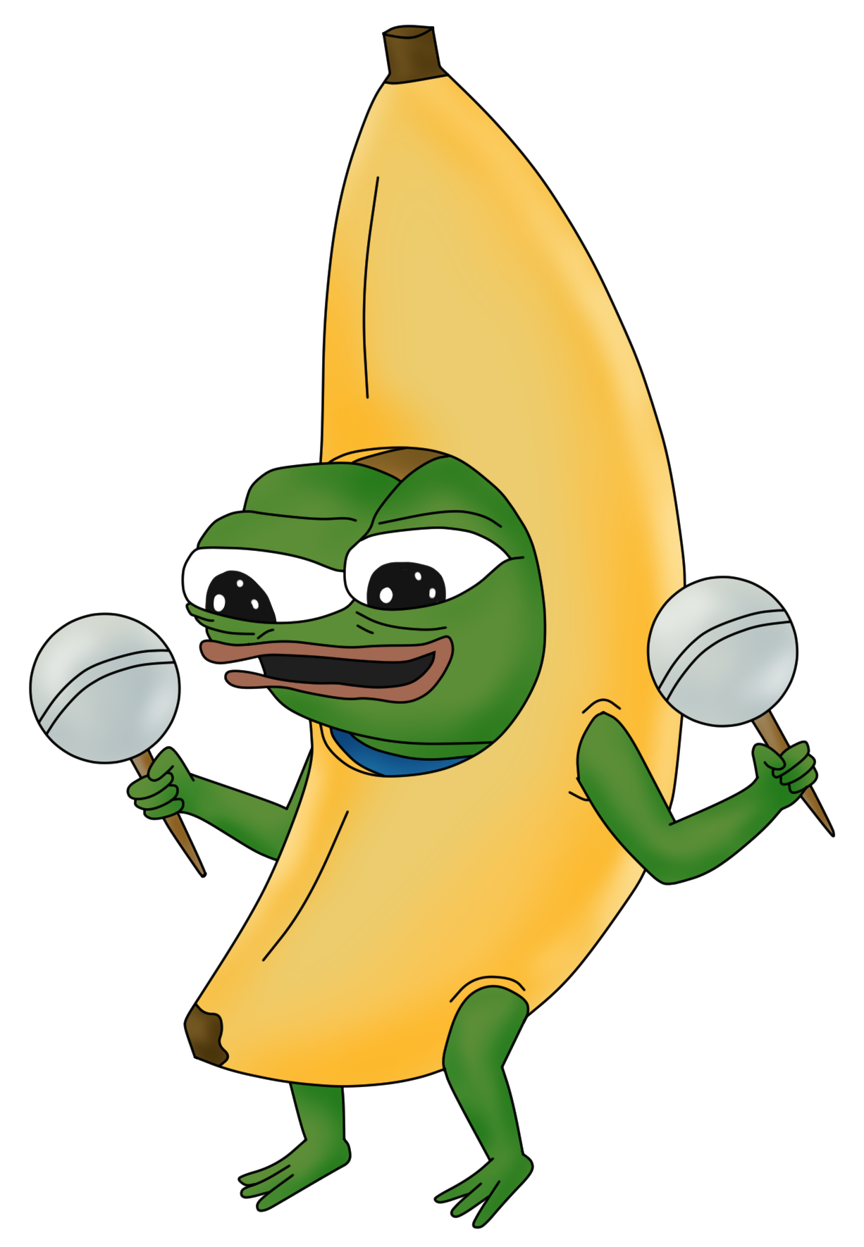 apu, pepe, amphibian, animal, banana, clothes, costume, food, frog, fruit