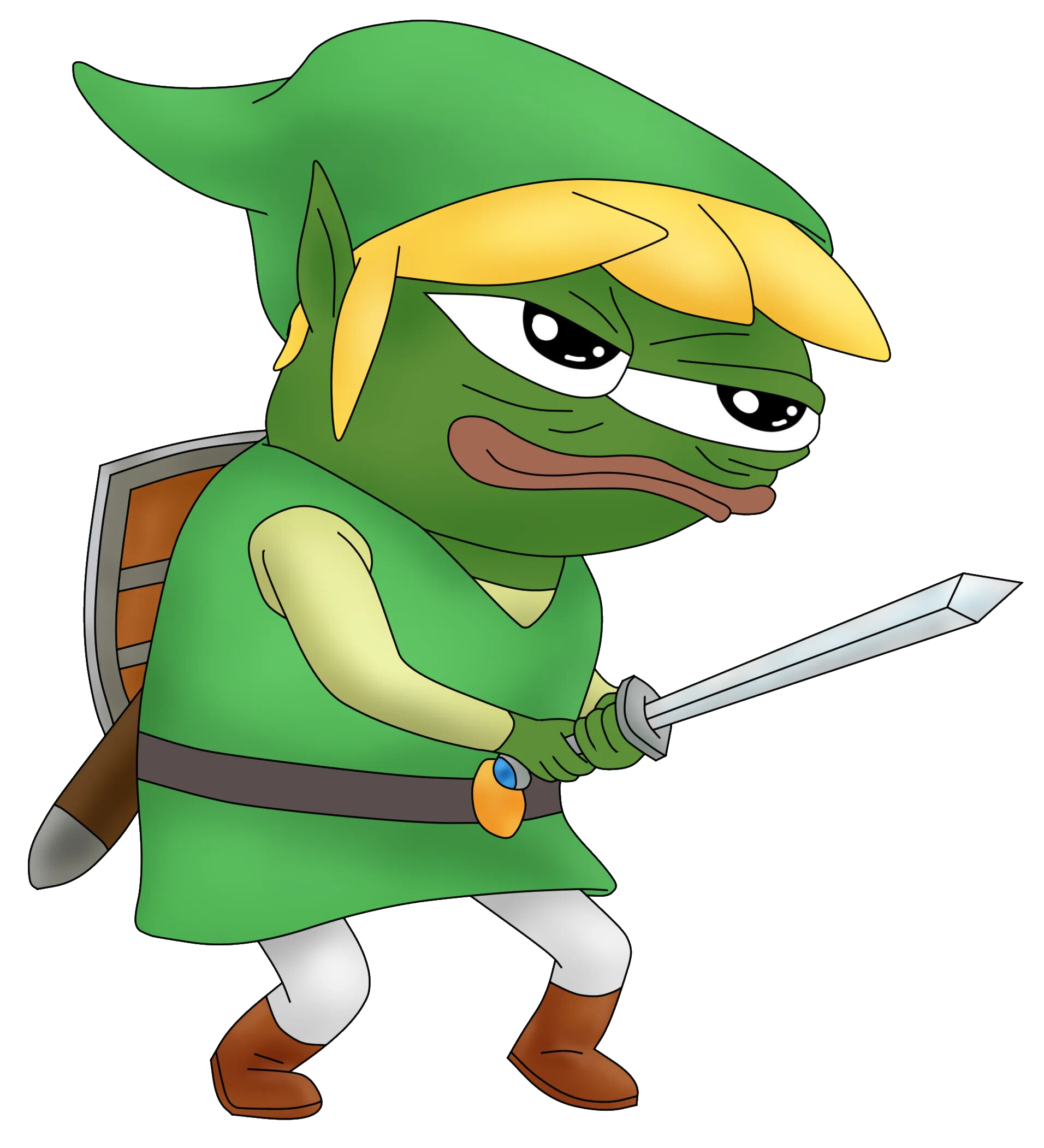 apu, link, pepe, amphibian, animal, blonde hair, closed mouth, clothes, frog, full body