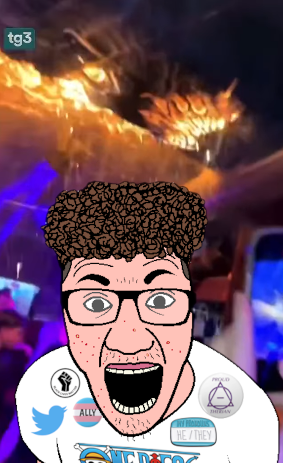 el perro rabioso, anime, black lives matter, clothes, fire, glasses, irl background, open mouth, pink skin, pronouns