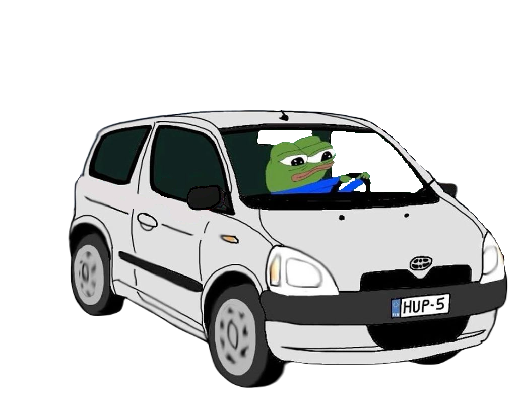 apu, pepe, amphibian, animal, blue shirt, car, closed mouth, clothes, driving, frog