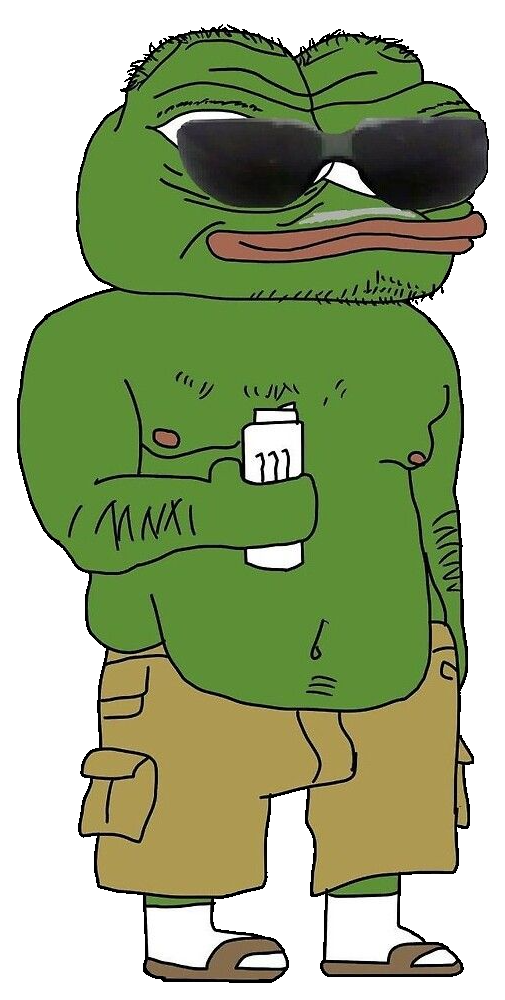 apu, pepe, amphibian, animal, body hair, closed mouth, clothes, drink, energy drink, frog