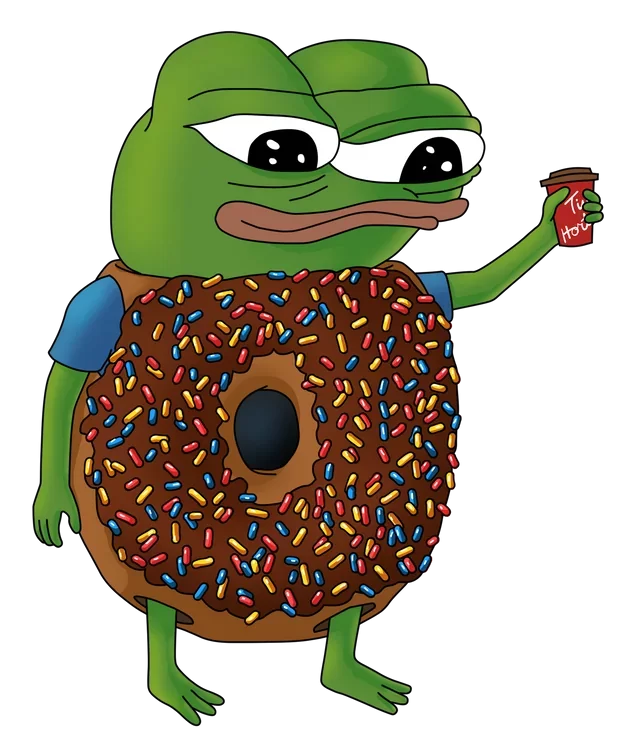 apu, pepe, amphibian, animal, closed mouth, clothes, coffee, cup, donut, drink