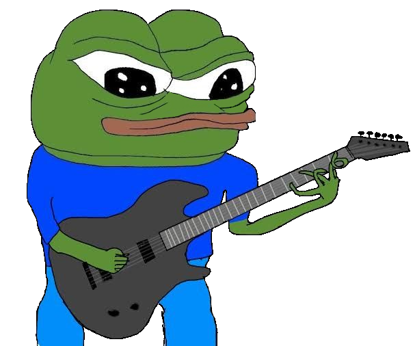 apu, pepe, amphibian, animal, blue shirt, closed mouth, clothes, frog, green skin, guitar