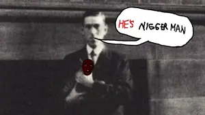 shirtjak, black skin, ear, glasses, h p lovecraft, nigger, open mouth, soyjak, speech bubble, stubble