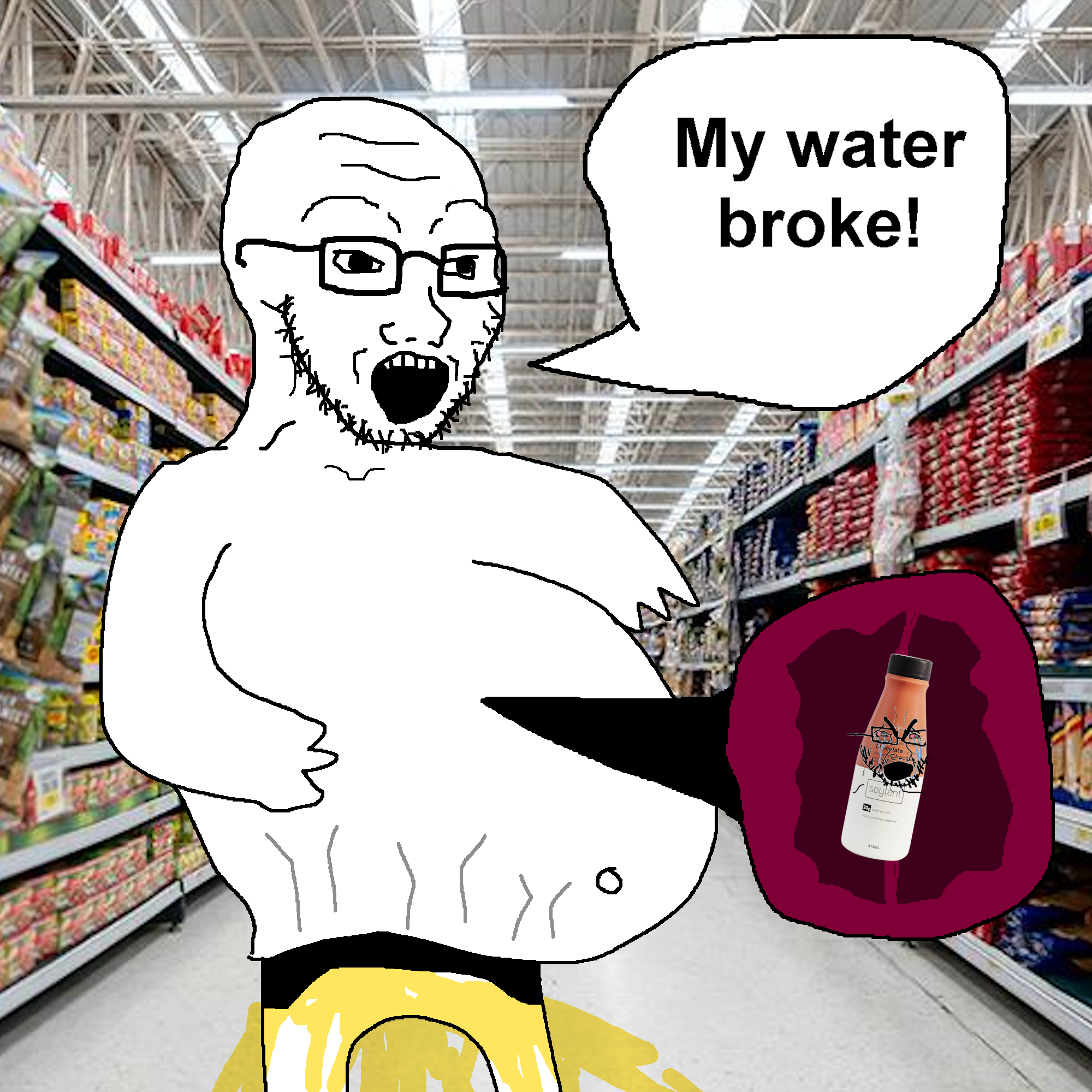 cryboy soyjak, soyak, 2soyjaks, crying, drink, fat, forehead lines, glasses, irl background, pee
