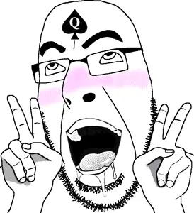 cobson, ahegao, blush, drool, glasses, hands, open mouth, peace sign, queen of spades, soyjak
