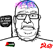 unknown, blue hair, closed mouth, communism, ear, english text, eyebrows, fat, glasses, hammer and sickle