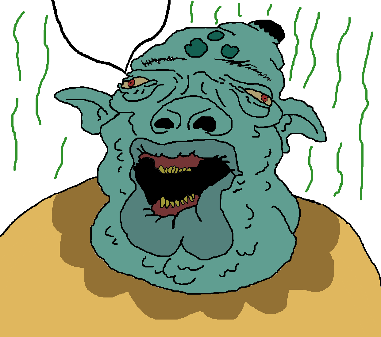 termitesilva, disgusting trevorcreature, amerimutt, angry, fat, forehead mark, green skin, lips, red eyes, speech bubble