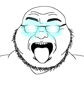 bvlljvk, animated, fat, forehead lines, glasses, glowing eyes, no pupils, soyjak, stubble, tongue