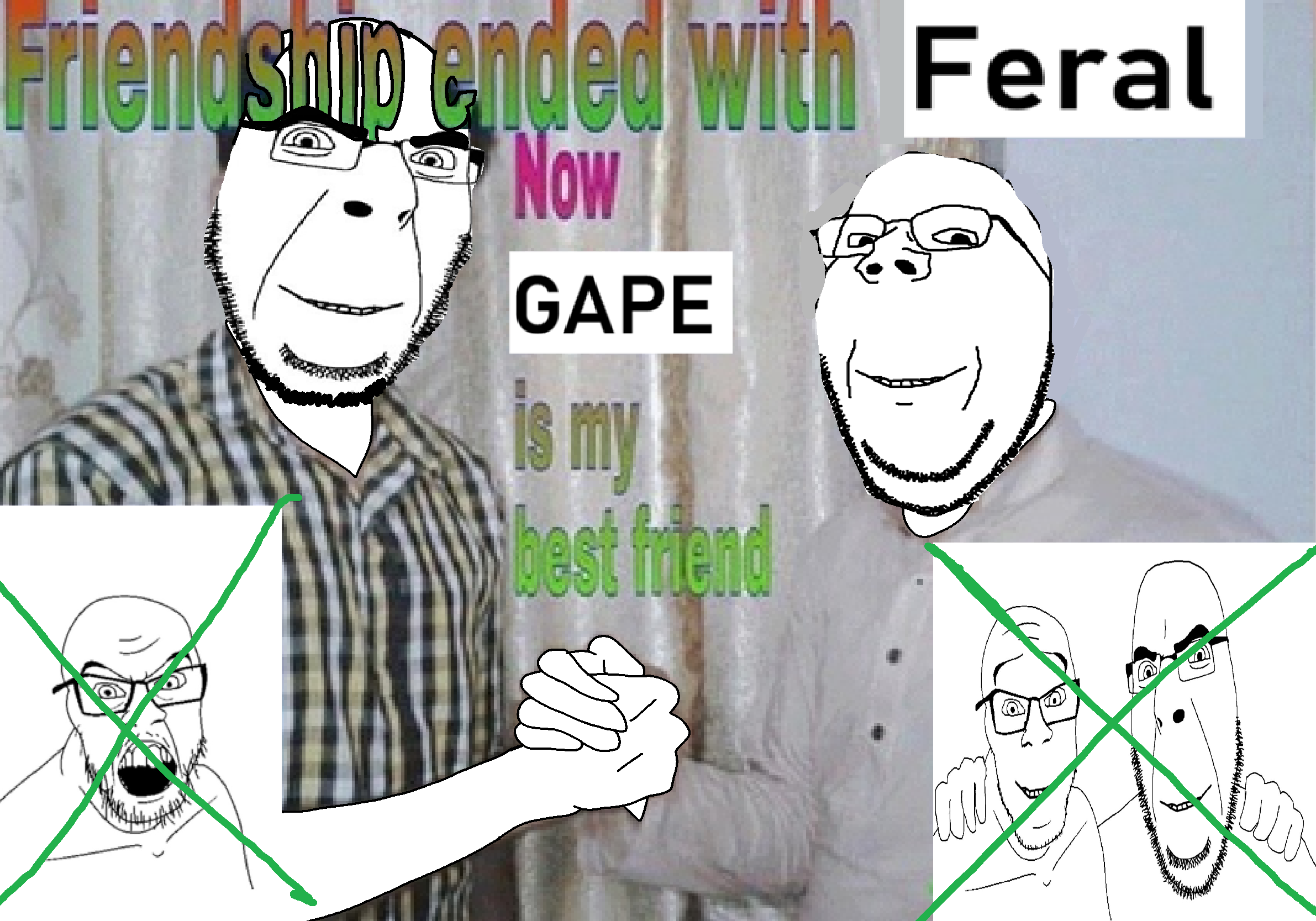 cobson, feraljak, gapejak, wholesome soyjak, 3 soyjaks, bald, beard, clothes, friends, friendship
