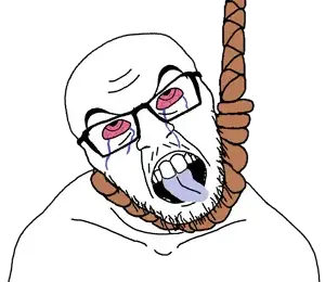 feraljak, feraljak front, angry, bloodshot eyes, front view, glasses, hanging, noose, open mouth, rope