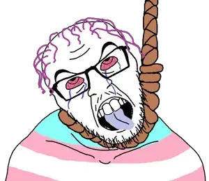 feraljak, feraljak front, angry, bloodshot eyes, flag, front view, glasses, hair, hanging, noose