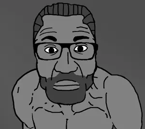 gigachad, el perro rabioso, gigajak, beard, buff, closed mouth, ernest khalimov, gray background, gray hair, gray skin