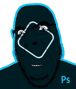 cobson, adobe, black skin, glasses, glowing, photoshop, smile, smug, soyjak, stubble