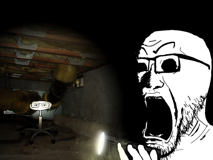 darkiplier, markiplier soyjak, soyak, chairjak, doctos, doctos side, 2soyjaks, bald, basement, flashlight