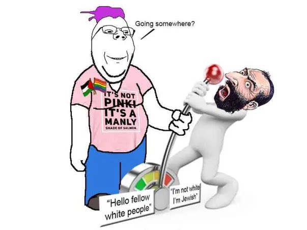 happy merchant, gapejak, wholesome soyjak, english text, glasses, judaism, left, leftist, lever, pink shirt
