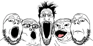 et, gapejak, markiplier soyjak, tony soprano soyjak, 5soyjaks, angry, glasses, hair, multiple soyjaks, open mouth