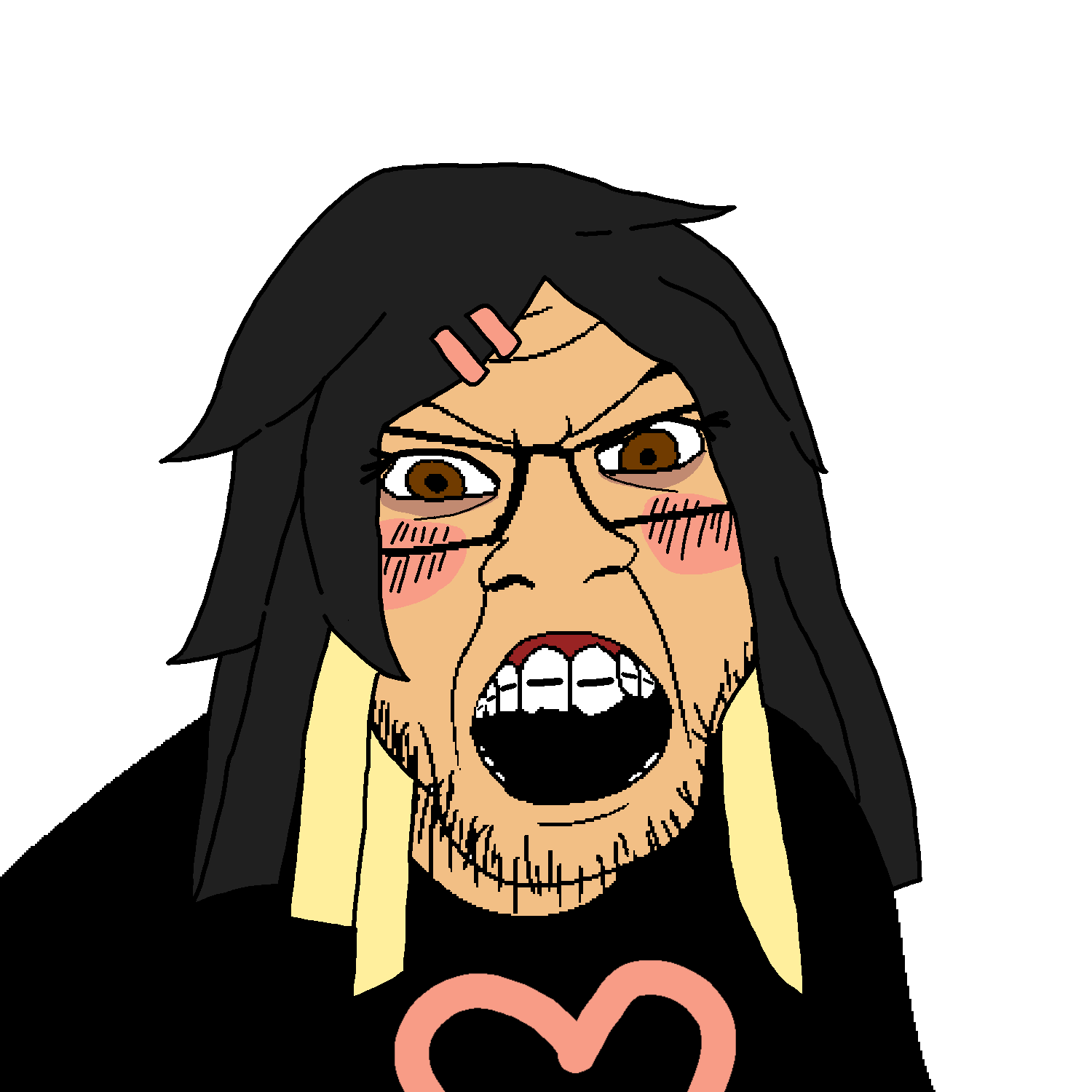 feraljak, angry, black hair, black shirt, blonde hair, blush, brown eyes, brown skin, colored hair, eyebrows