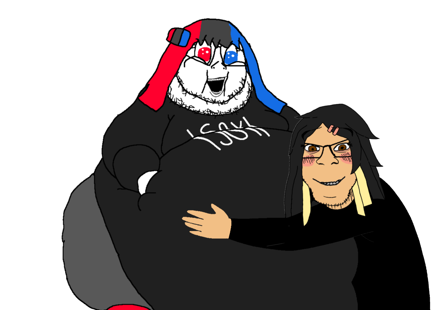 soysuba, fatpony, feraljak, wholesome feraljak, oh my god she is so attractive, 2soyjaks, arm, black hair, black shirt, blush