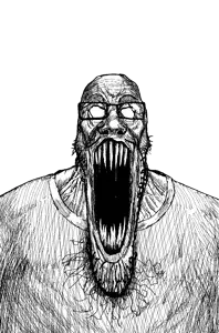 markiplier soyjak, longplier, schizojak, bald, detailed, glasses, large mouth, open mouth, scary, sharp teeth