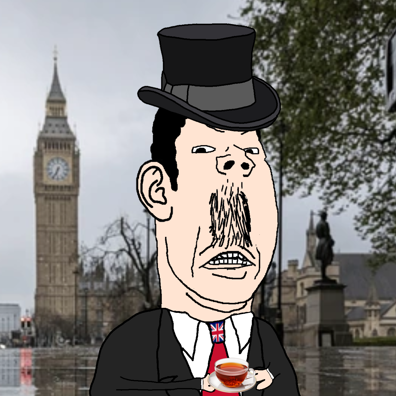 chudjak, gapejak, british bloke, protestantjak, wholesome soyjak, angry, black eyes, chin, clothes, drink