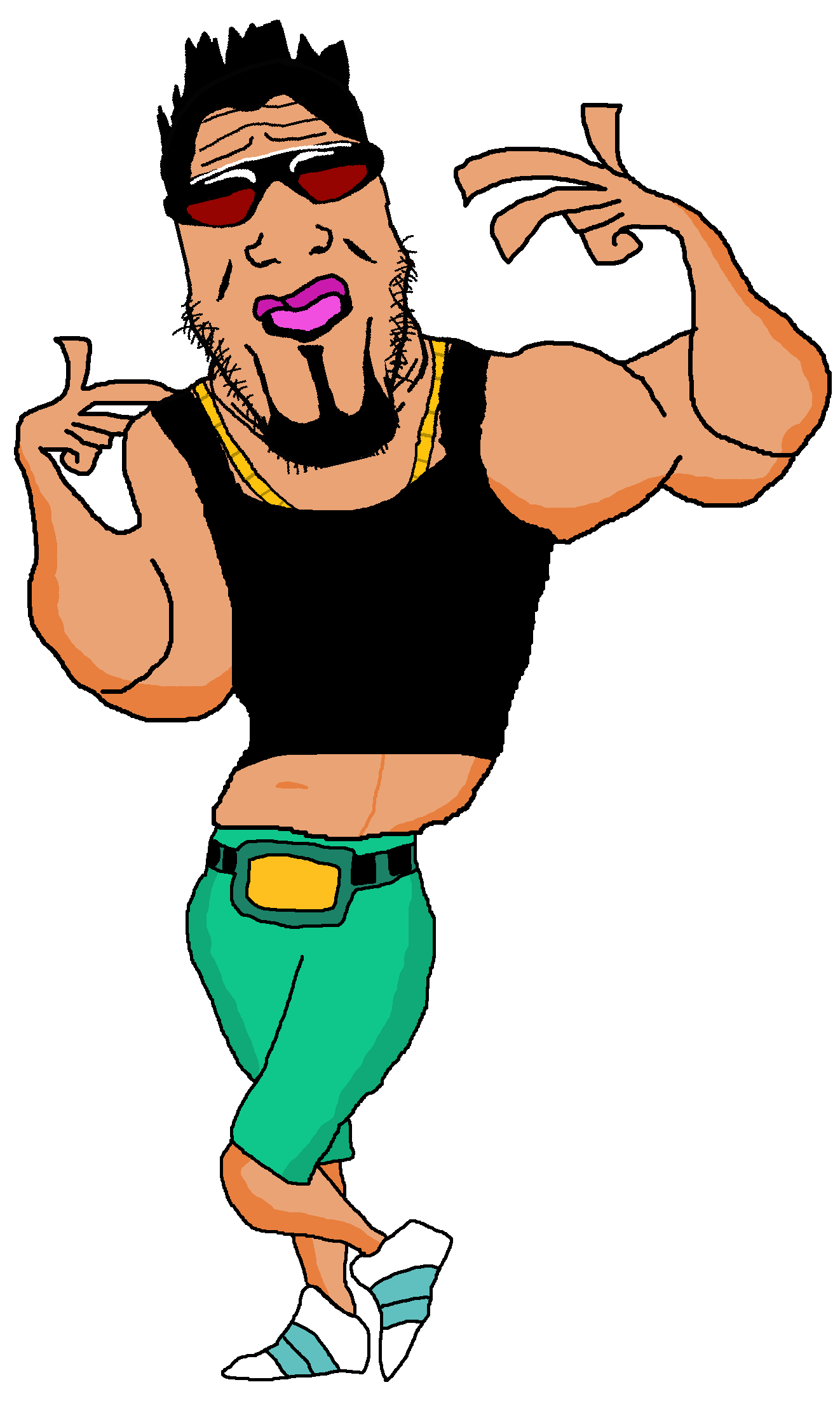 markiplier soyjak, beard, black shirt, buff, chain, closed mouth, clothes, douchebag, full body, glasses