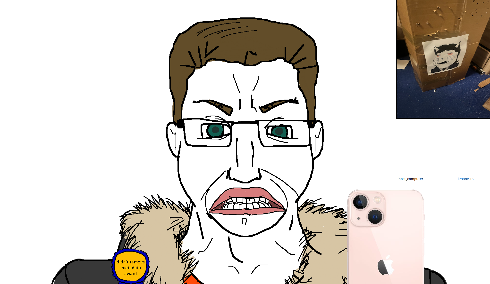 chudjak, gapejak, chudjak front, massjak, massmeowjak, wholesome soyjak, animal, award, black hair, blowjob machine