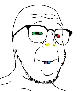 buckteeth soyjak, colorjak, buck teeth, closed mouth, glasses, smile, soyjak, stubble