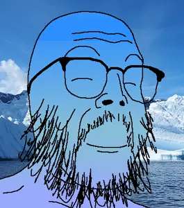 buckteeth soyjak, beard, blue skin, buck teeth, calm, closed eyes, closed mouth, cold, glasses, irl background