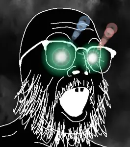 buckteeth soyjak, thougher, beard, buck teeth, glasses, glowing eyes, inverted, mustache, open mouth, soyjak
