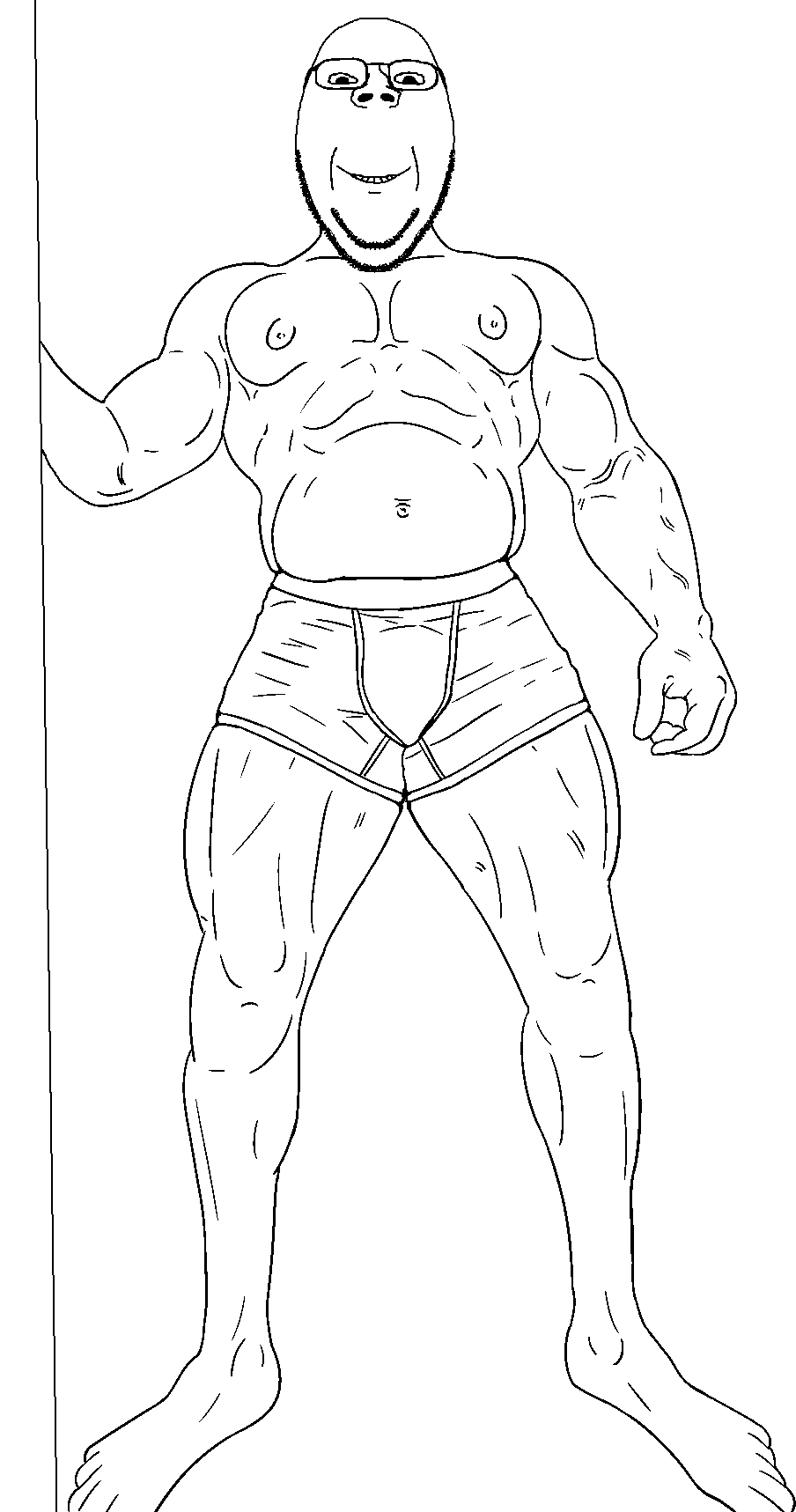 gapejak, gapejak front, wholesome soyjak, wholesome soyjak front, buff, full body, glasses, hands, looking at you, muscles