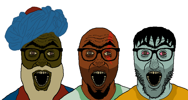 unknown, 3soyjaks, bald, beard, blonde beard, bloodshot eyes, brown eyes, brown skin, glasses, goatee