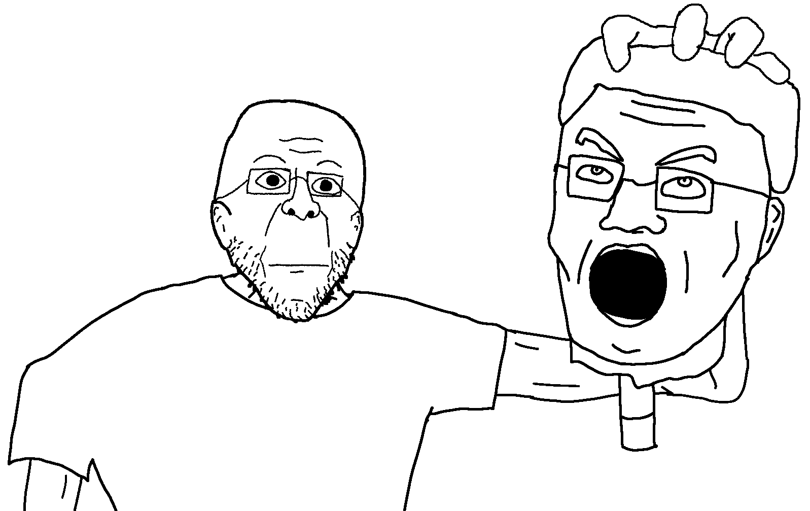 chudjak, unknown, kratos chudjak, soyjaks killing chuds, 2soyjaks, closed mouth, clothes, decapitation, glasses, hair