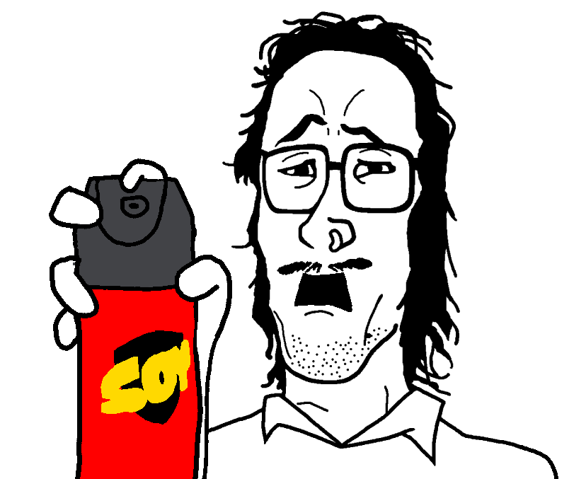 mulletjak, 1soyjak, aerosol, black eyes, bug spray, concerned, glasses, mullet, mustache, nose piercing