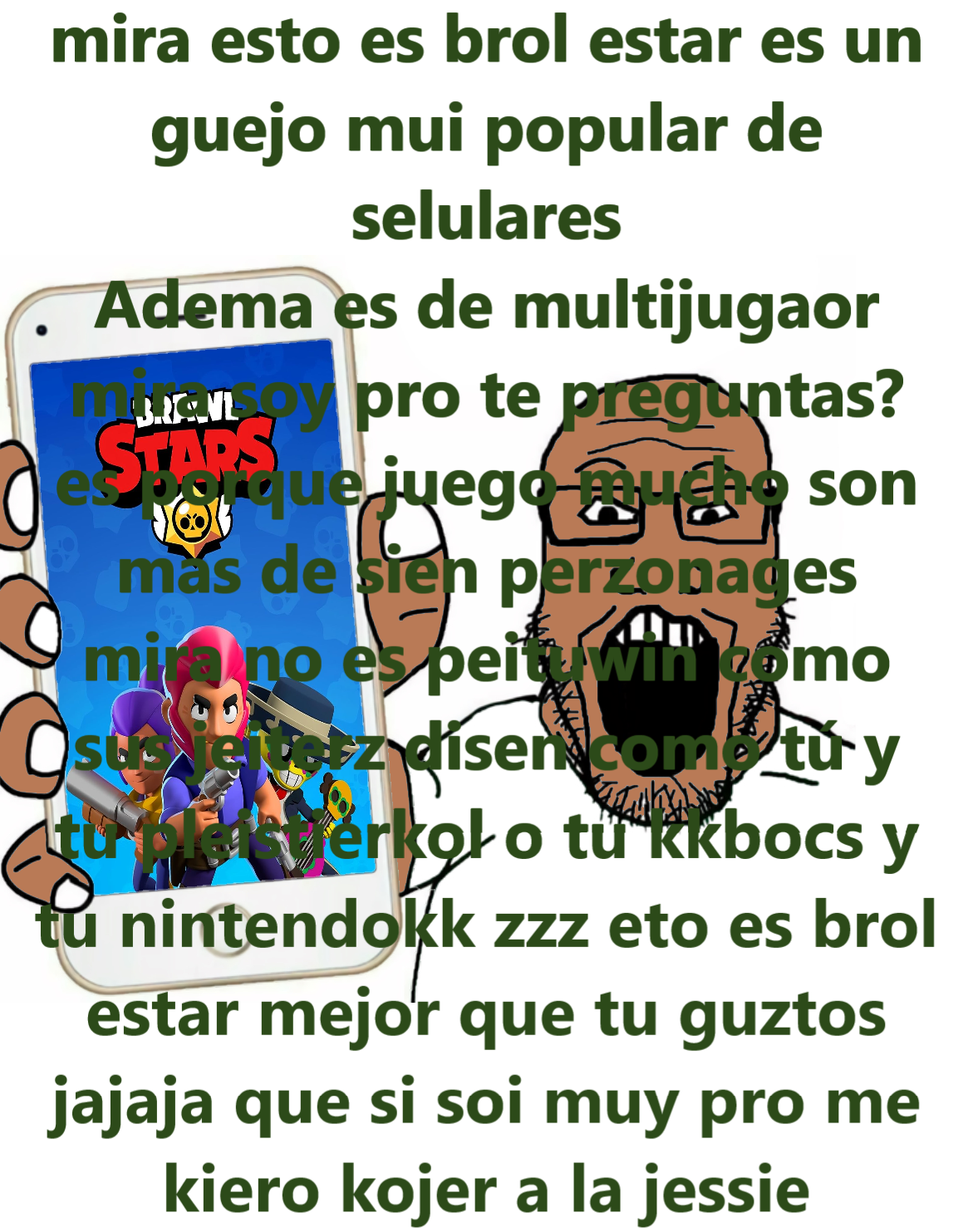 markiplier soyjak, showing phone, arm, brawl stars, brown skin, fat, glasses, hands, holding object, holding phone