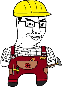 chudjak, arm, clothes, engineer, full body, glasses, hammer, hat, helmet, holding hammer