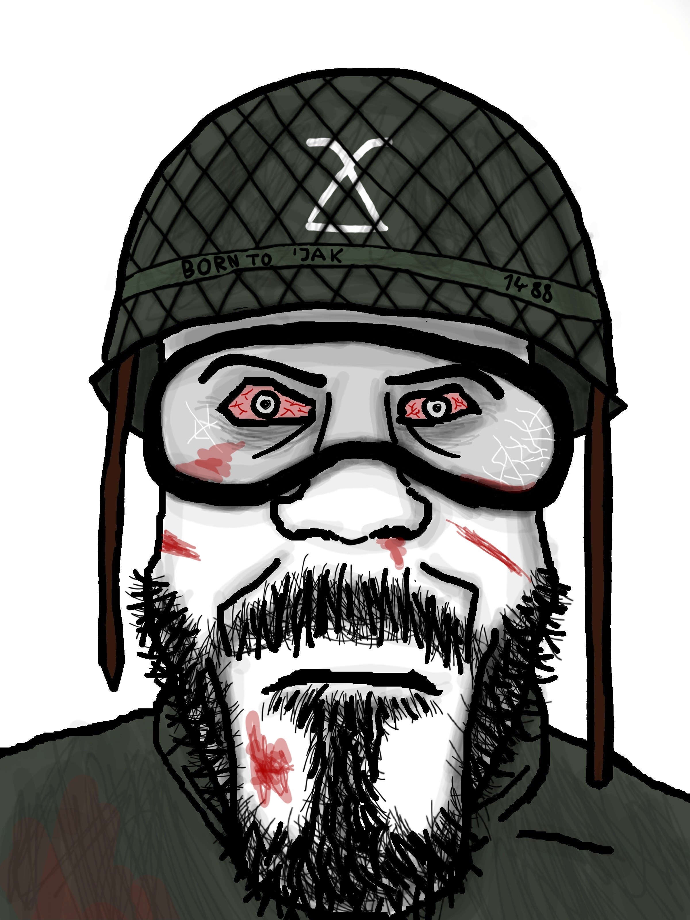 markiplier soyjak, 1488, army, art, background, beard, blood, blood from nose, blood on face, bloodshot eyes