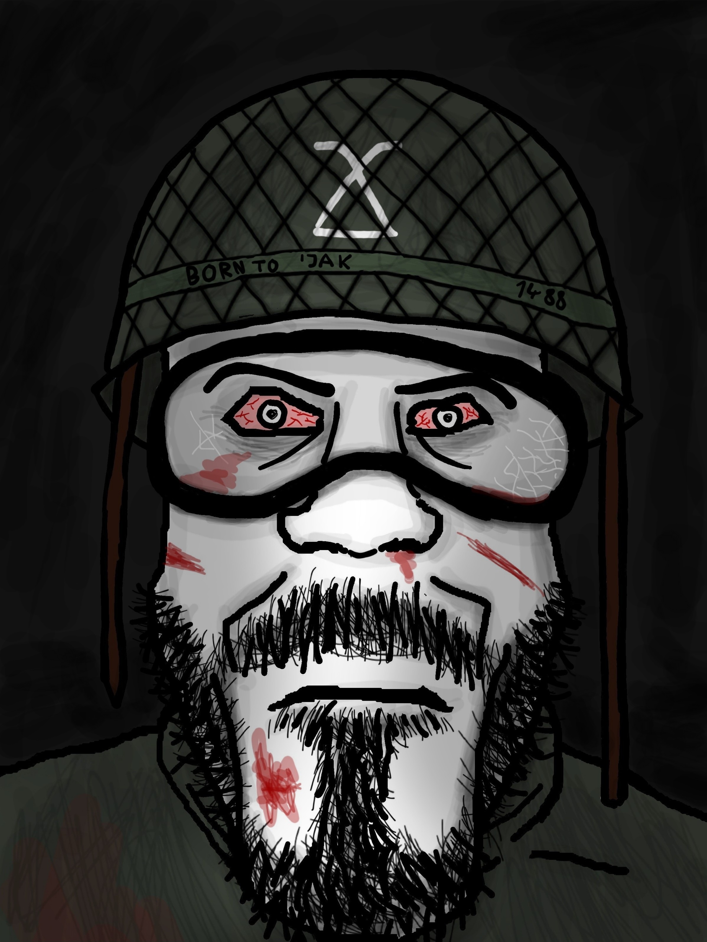 markiplier soyjak, 1488, army, art, background, beard, blood, blood from nose, blood on face, bloodshot eyes