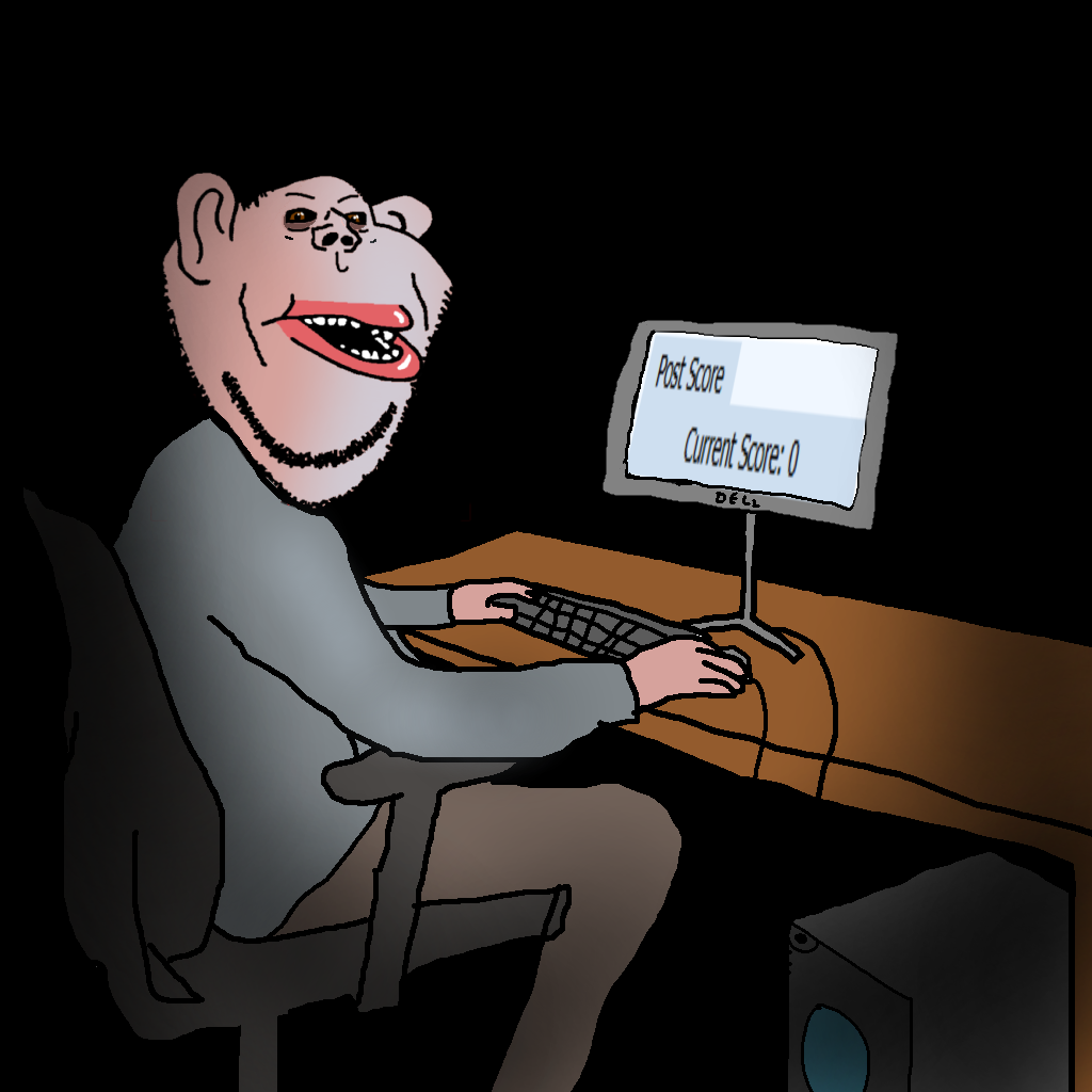impish soyak ears, impish amerimutt, amerimutt, big lips, black background, black sclera, brown eyes, brown skin, chair, computer