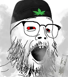 buckteeth soyjak, beanie, bloodshot eyes, bong, buck teeth, clothes, glasses, hat, open mouth, smoke