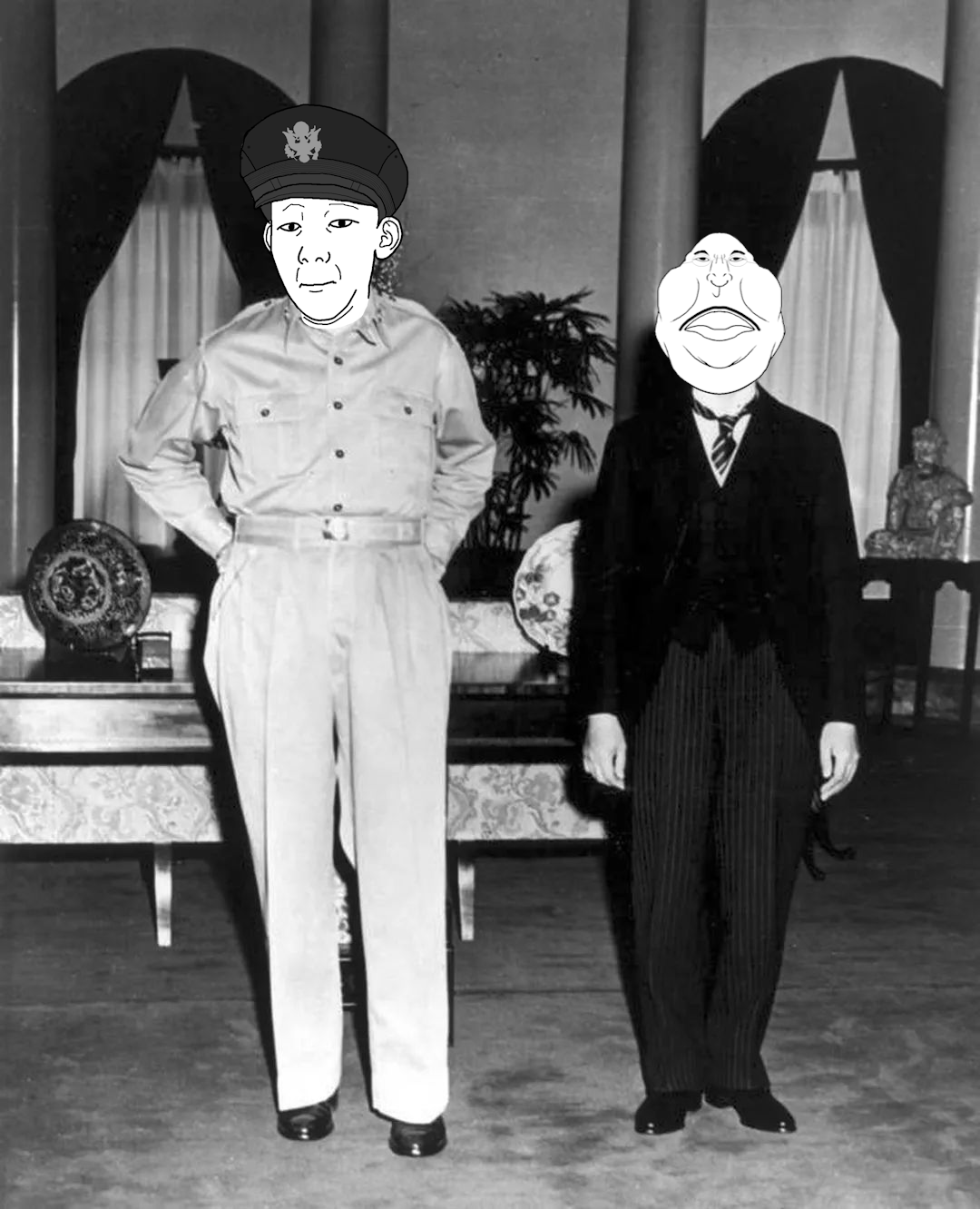kuzjak, meximutt, meximutt front4, 2soyjaks, black and white, cap, clothes, douglas macarthur, hat, hirohito