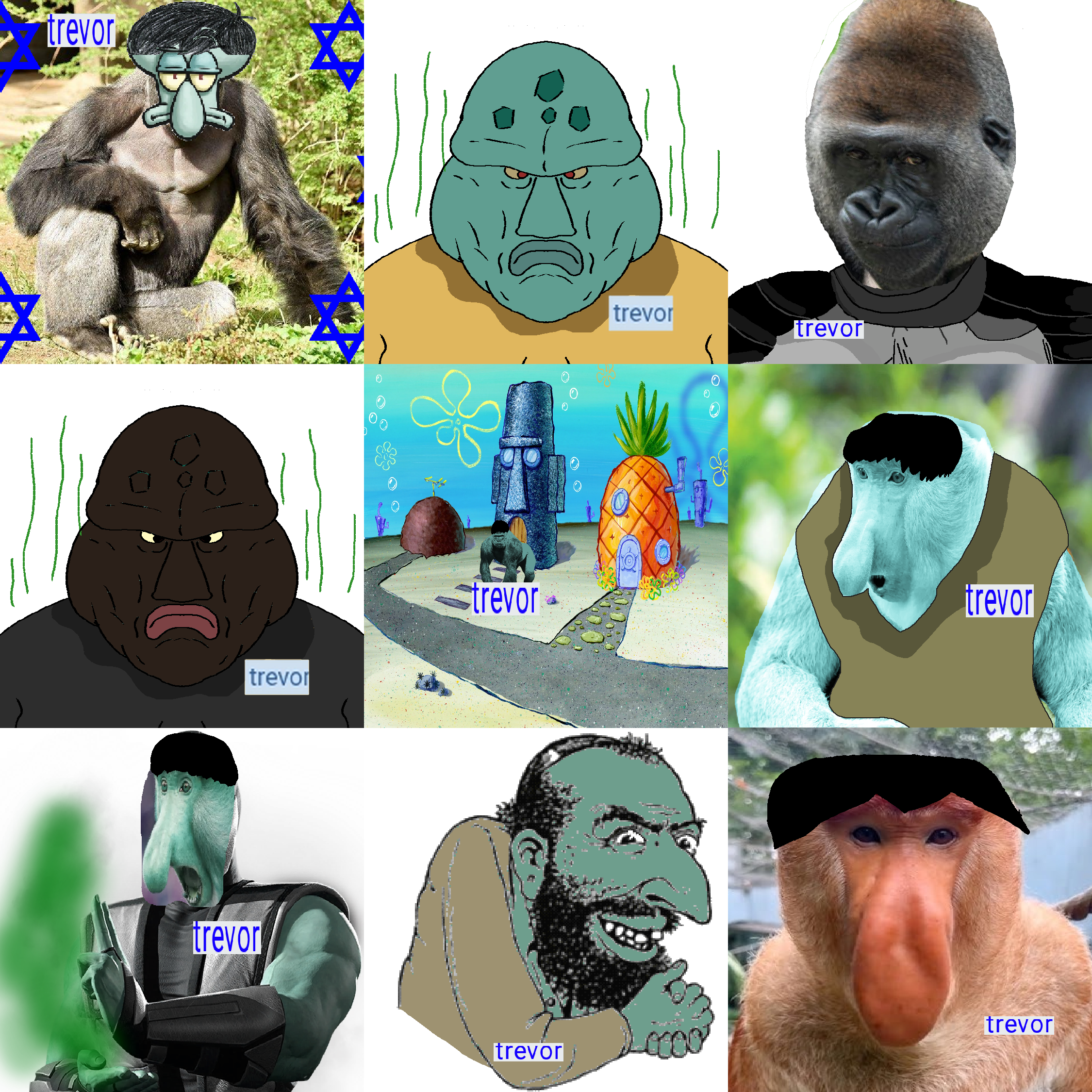 crimsonvoidhydra1488, happy merchant, smoke (mortal kombat), squidward tentacles, chudjak, disgusting trevorcreature, perceptive chud, animal, ape, brap